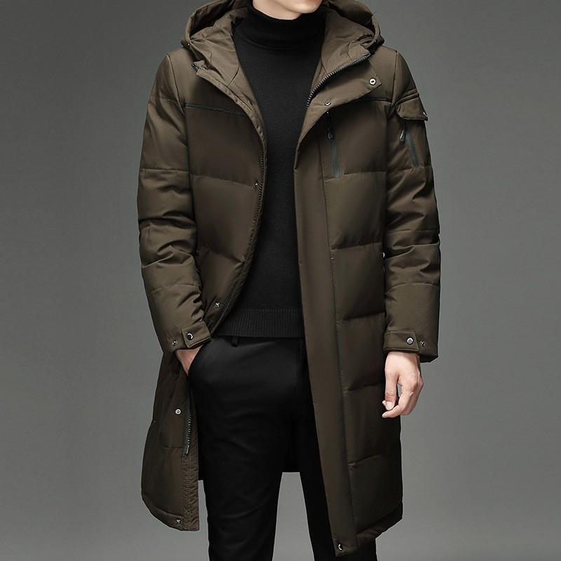 Mens Long Down Coat Winter Outdoor Jacket Thick Warm Hooded Parka Middle-Aged Men Black Gray Olive