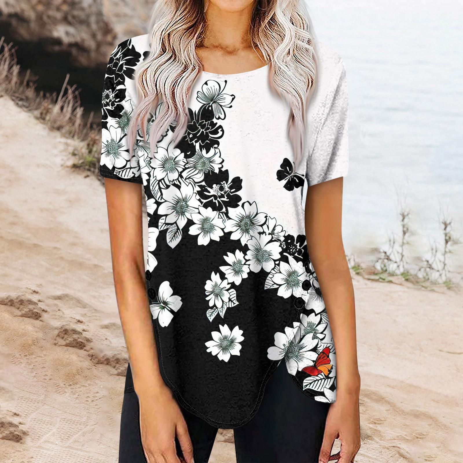 

Женский летний топ с коротким рукавом и круглым вырезом, с принтом на пуговицах сбоку XL белый