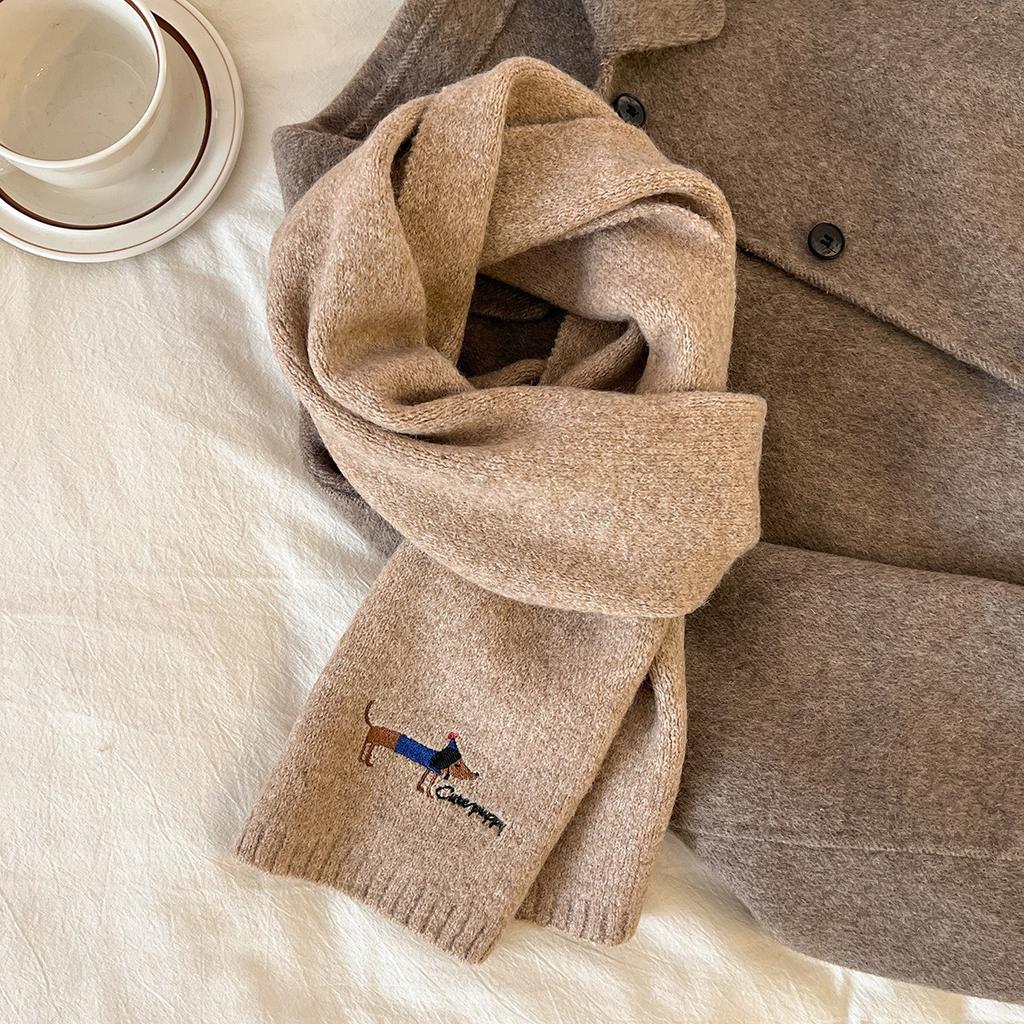 New Autumn and Winter Knitted Wool Scarf for Women Korean Version Versatile Embroidered Dachshund Woolen Neck Scarf Thickened Warm Scarf