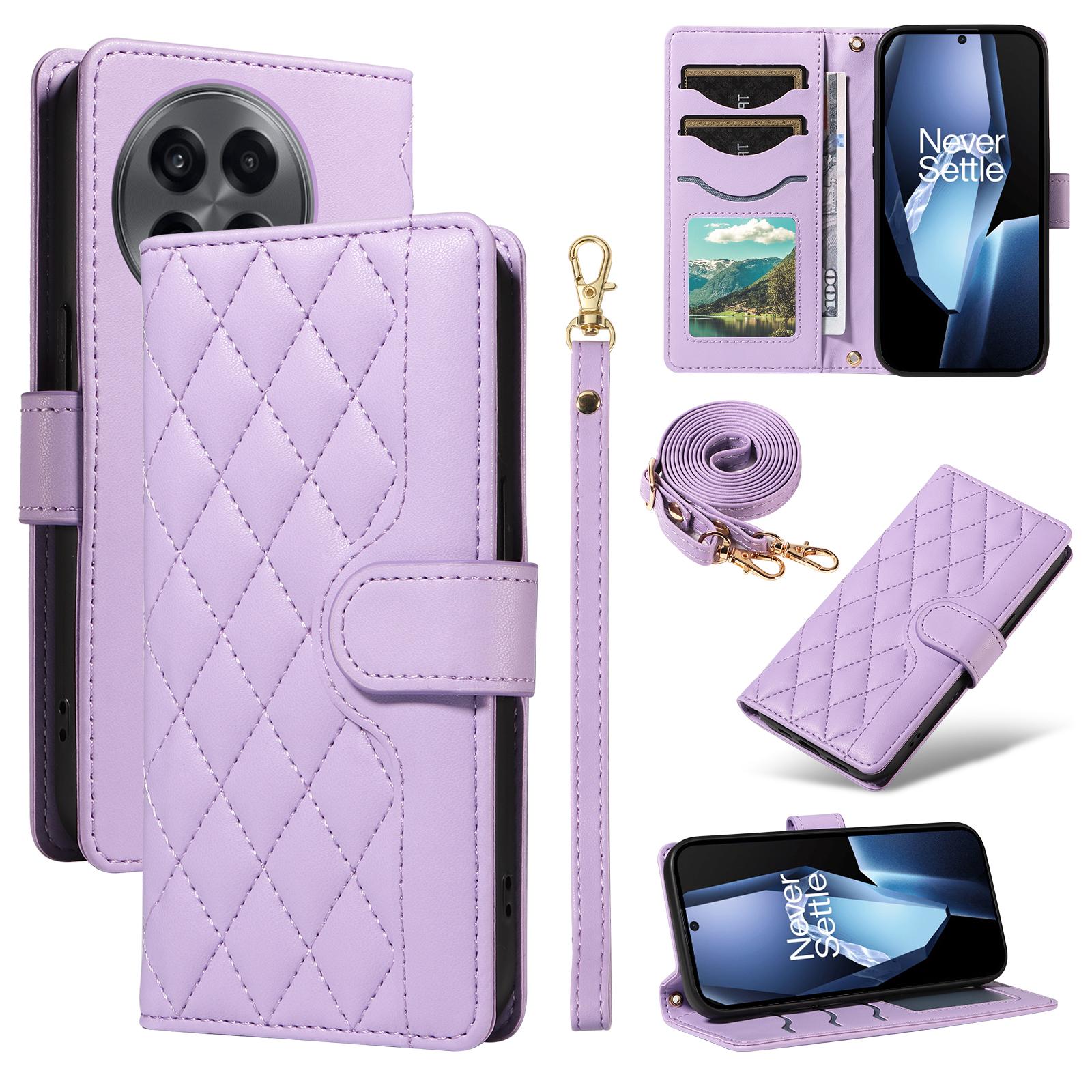 

For OnePlus 13R 5G/Ace 5 5G/5 Pro 5G Wallet Case Rhombus Leather Phone Cover with Strap Light Purple