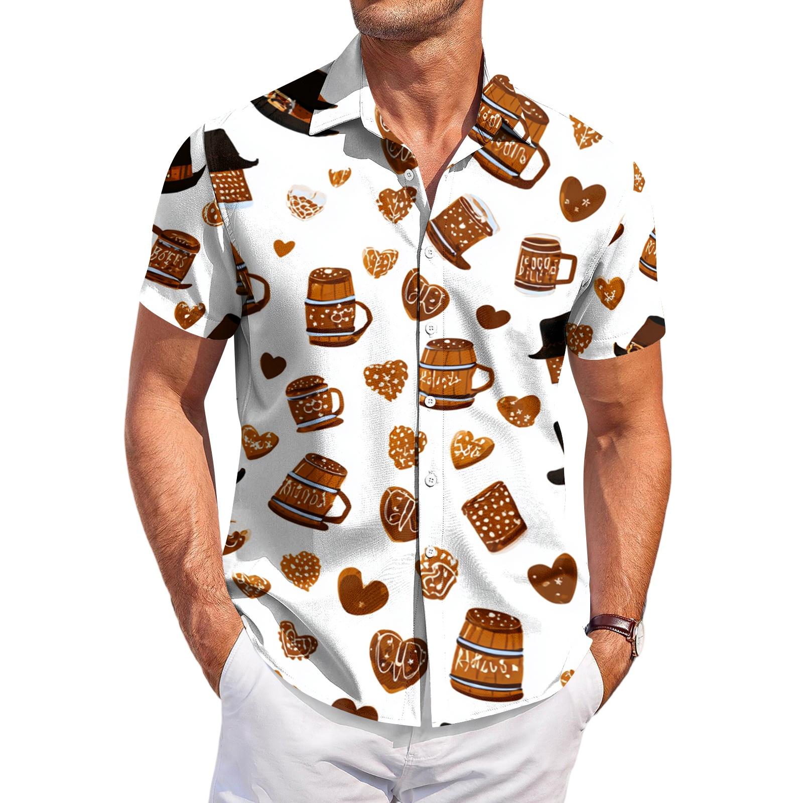 Men s Casual Short Sleeve Button Down Shirt Oktoberfest Beer Mug Pretzel Heart Print Lightweight Summer Shirt XXXL белый