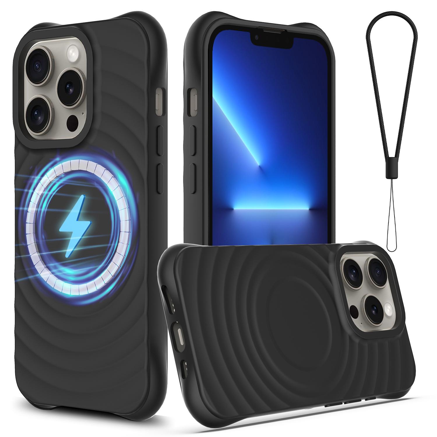 

For iPhone 13 Pro Max Magnetic Case Textured Liquid Silicone Phone Case with Strap Black