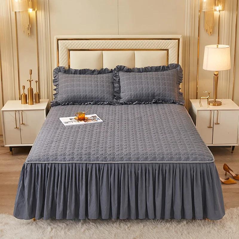 Solid Color Quilted Polyester Bed Sheet Bed Skirt Dual-use Bed Cover Simple Princess Style Kit Non-slip Dust-proof MattressCover