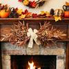 Autumn Wreath for Front Door 23.6" Artificial Olive Wreath, Faux Fall Leaf Teardrop Swag, Hanger Thanksgiving with Burlap Bow Door, Wall, Mantel, Home