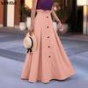 VONDA Women Zip-up Ruffled High Waist Casual Thin A-line Maxi Pleated Skirts