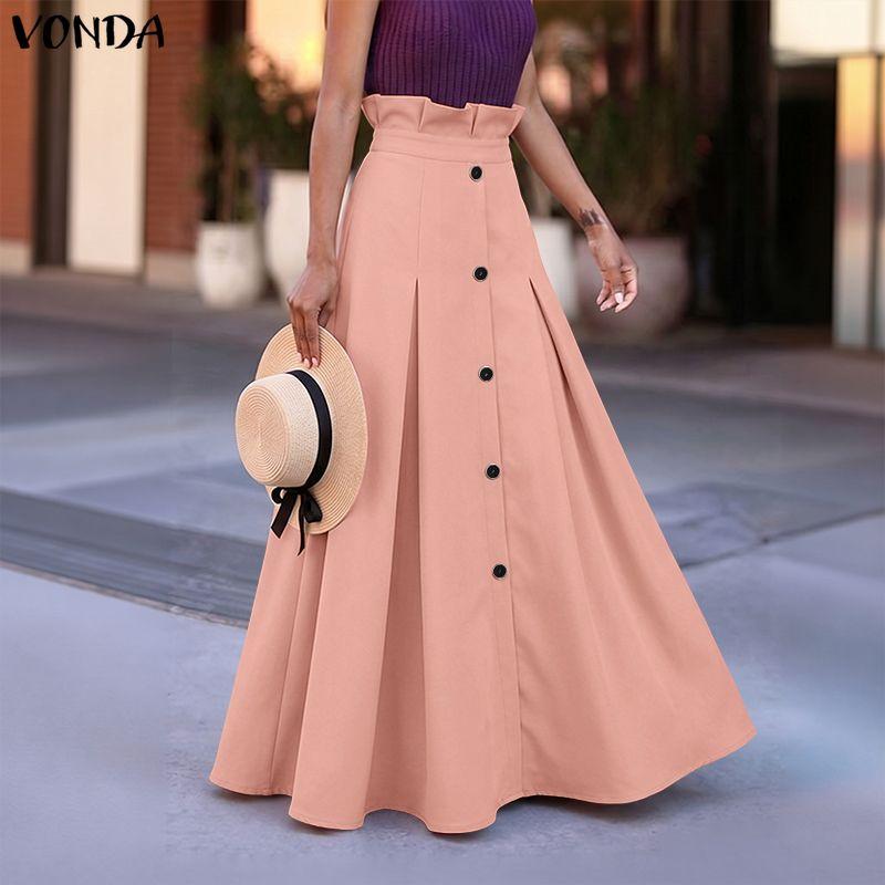 VONDA Women Zip-up Ruffled High Waist Casual Thin A-line Maxi Pleated Skirts