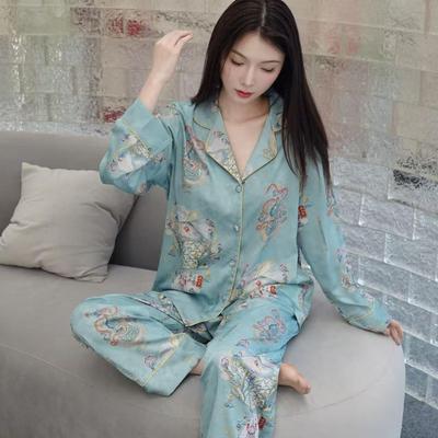Elegantes Xiangyun-Garn-Pyjamaset für Damen: Langarm-Oberteil und Hose mit Nationalstil-Print für drinnen und draußen - Frühjahrs- und Herbstkollektion