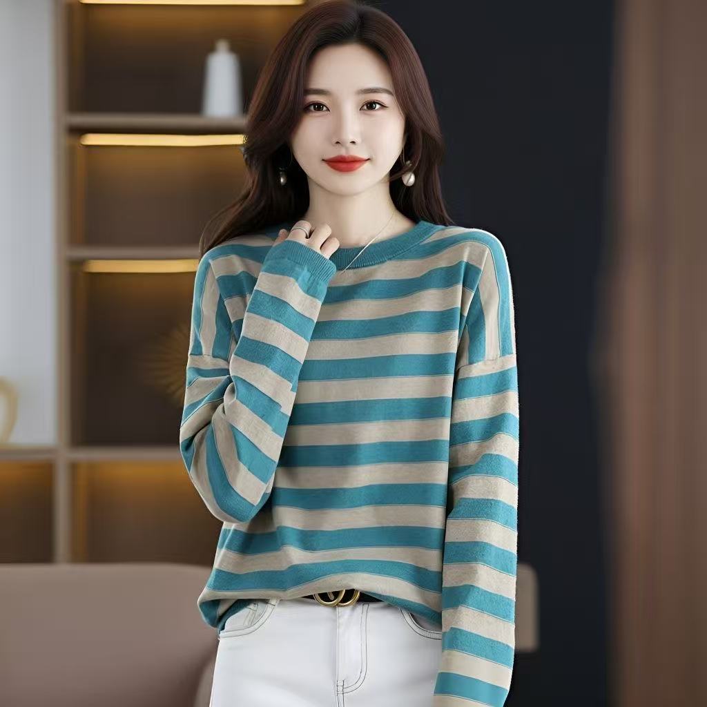 O-Neck Stripe Pullovers for Women Spring Autmer Long Sleeve Casual Cotton Soft Thin Sweater T Shirt Girl Korea Fashion Tops