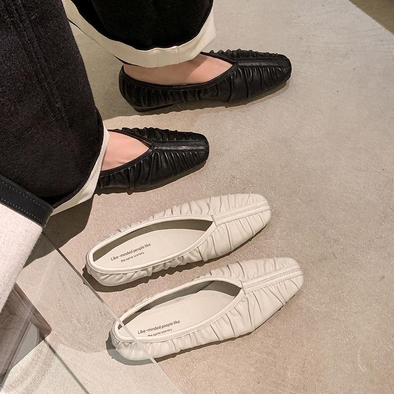 Fashion 2025 New Spring Women Flats Genuine Leather Shoes for Women Fashion Shallow Square Toe Women Pleated Ladies Shoes