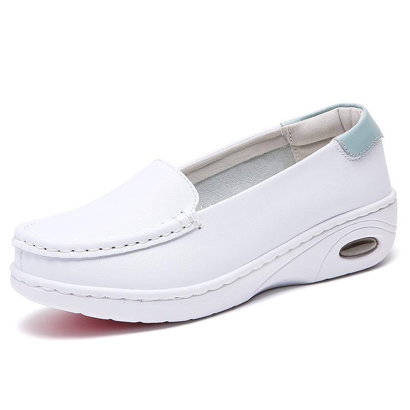 Thick-soled nurse shoes women's leather wedge heel air cushion soft sole non-slip, breathable and not tired feet flat-soled heightening comfortable