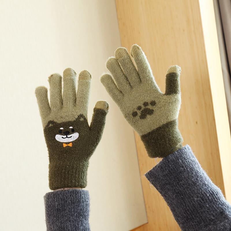 

Перчатки женские зимние студенческие мультяшные осенне-зимние теплые милые плюшевые полнопалые вышивка утолщенные и на велюре зелёный