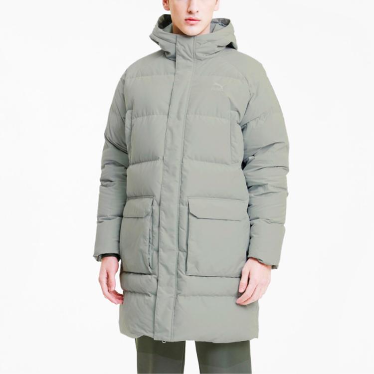 Puma Classics Long Down Kapuzenjacke Mittellang Warme Daunenjacke Herren Oberbekleidung Grau-Grün 599309-49