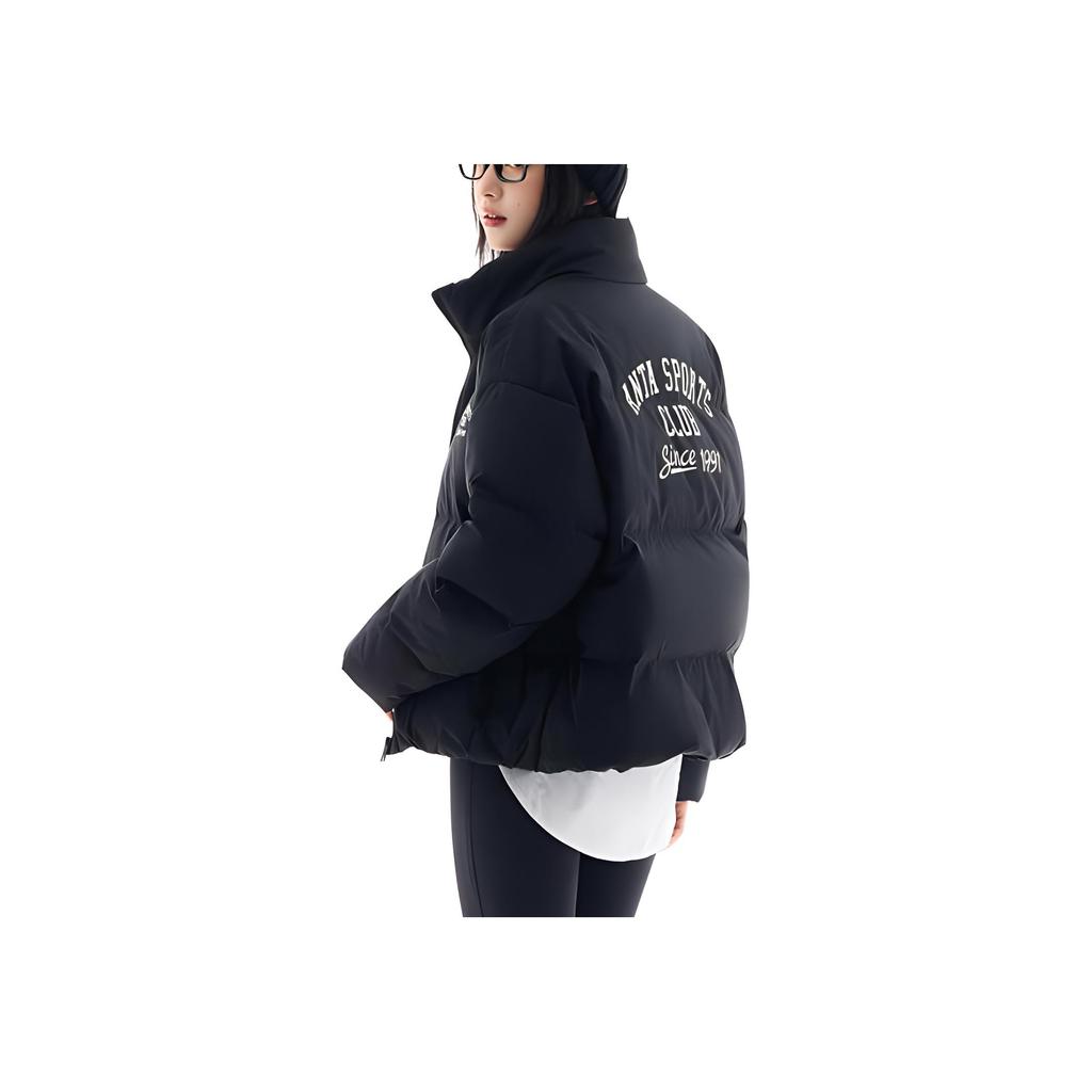Anta Comfortable Breathable Loose Fit Down Jacket With Letter Zipper Stand Collar Women Outerwear Basic-Black 162448905N-4
