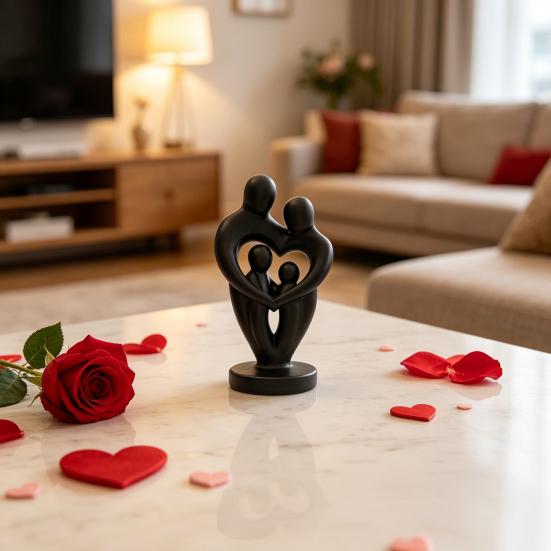 Abstract Woman Statue, Matte Black Resin Art Sculpture, Family of Four Hollow Love Shape Statue for Modern Minimalist Home Decor
