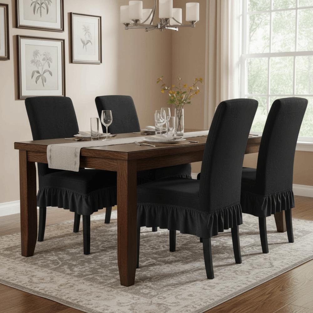 Universal Elastic Velvet Dining Chair Cover Dust Proof Solid Color Chair Protector with Ruffled Edges Chair Slipcover Wedding