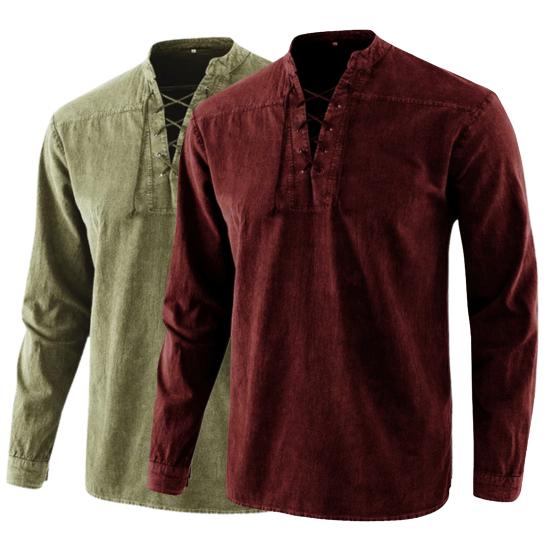 Męska koszula jednolita kolorystycznie sznurowana vintage stójka długi rękaw top na randkę