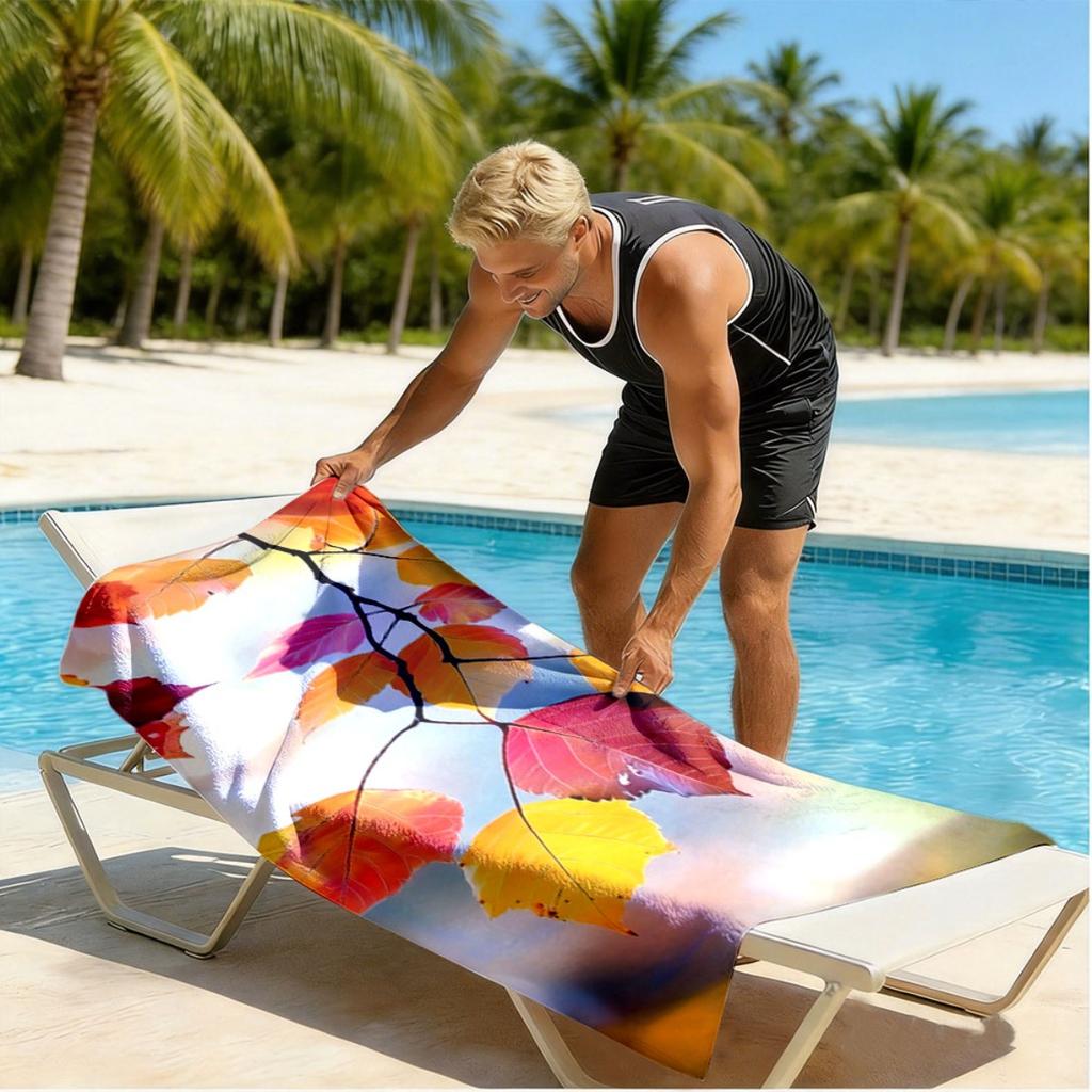 Watercolor pattern of autumn leaves polyester microfiber beach towel is highly absorbent suitable for swimming and beach outings