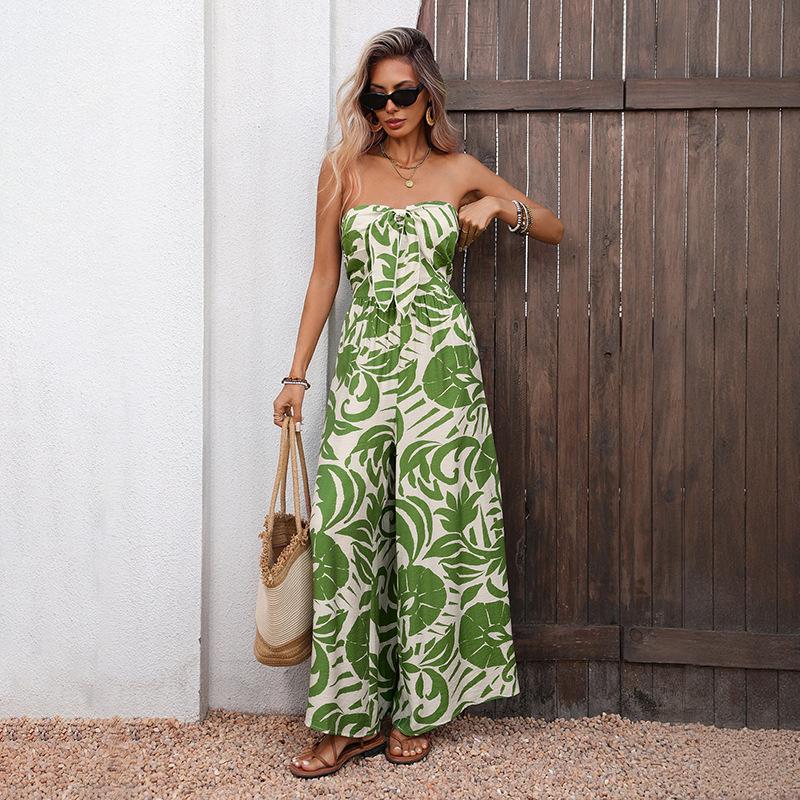 Summer New Style Vacation Fresh Trend One-piece Long Pants with High Waist and Plunging Neckline, Featuring Green Leaf Printed Design.