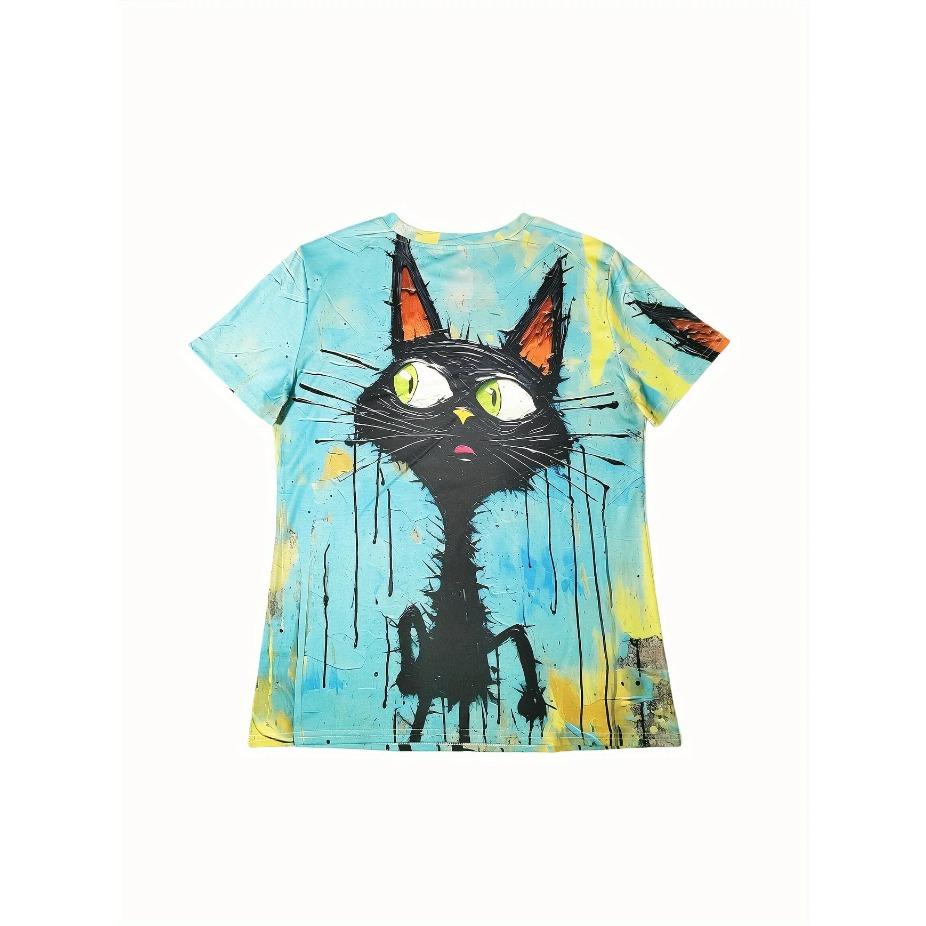 Sommer Chic Katzen-Print Rundhals Kurzarm T-Shirt - Damen Casual Oberteil für Frühling & Sommer