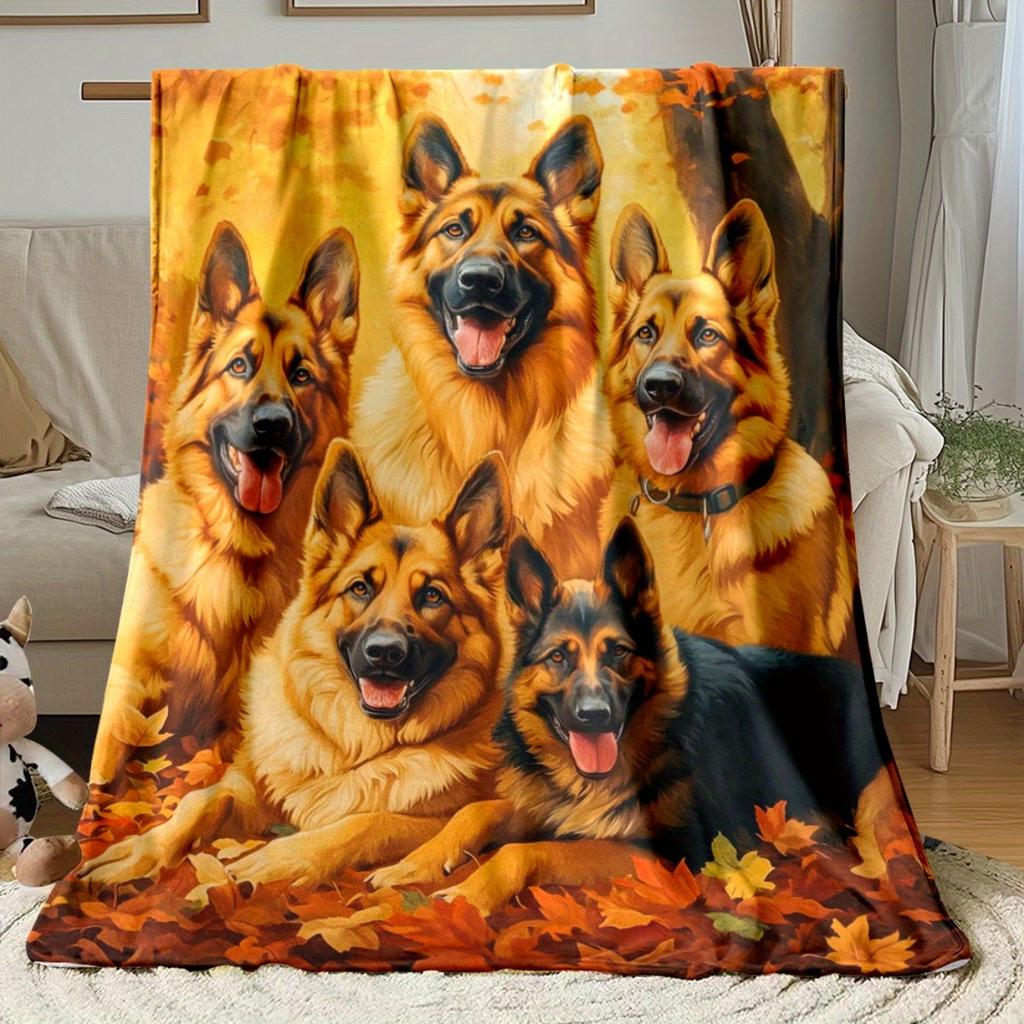Fleece deka s potiskem německého ovčáka Podzimní listí Dárek pro milovníka zvířat Měkká teplá flanelová deka na pohovku postel dekorace do pokoje