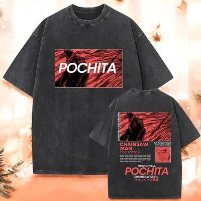 Chainsaw Man Pochita Vintage Wash Double-Sided Oversized T-Shirt, Unisex Anime Fan Streetwear Tee, 100% Cotton Casual Short Sleeve Top