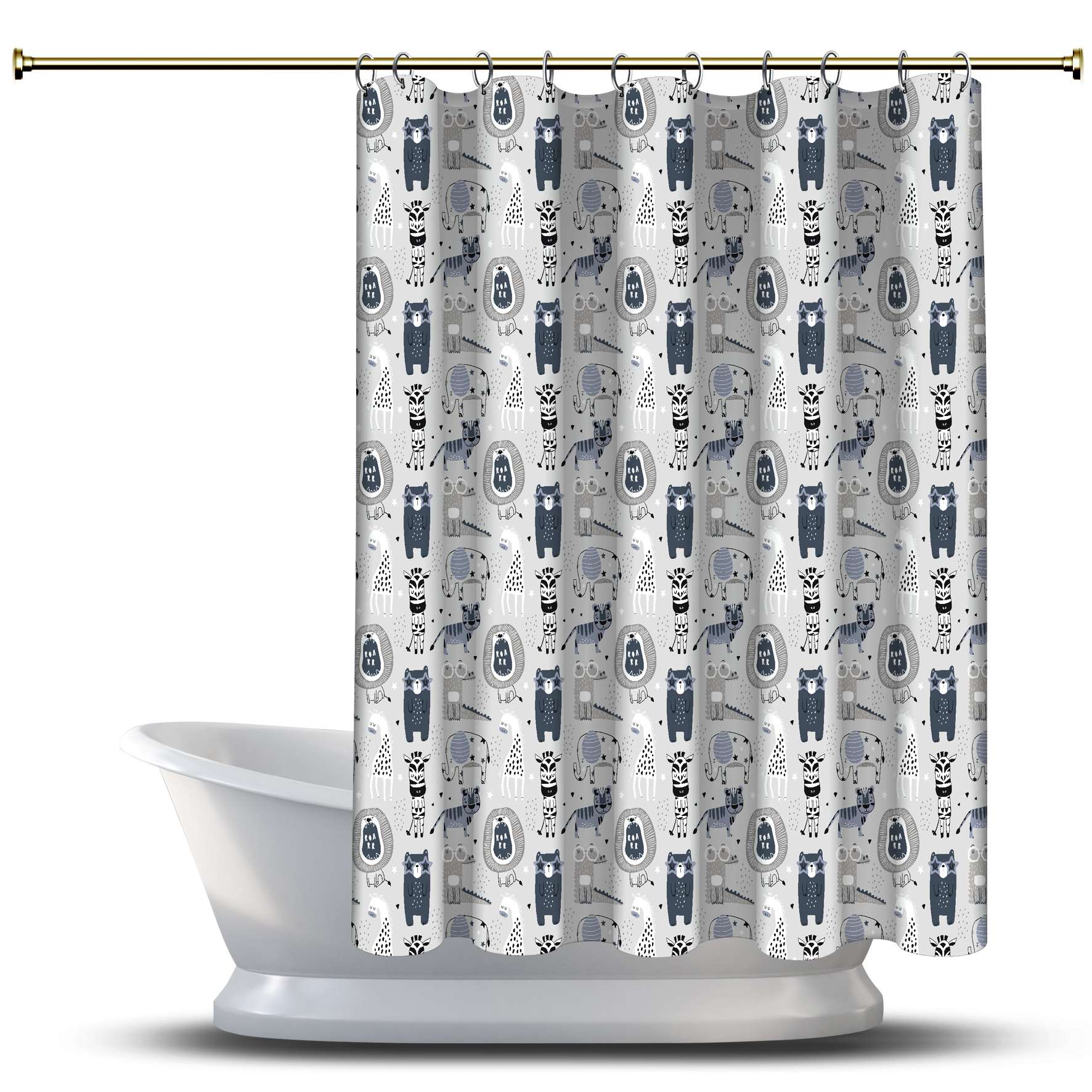 

Синяя занавеска для душа с принтом милых животных / водонепроницаемая для украшения вашей ванной комнаты - многомерный медведь, тигр, слон, крокодил