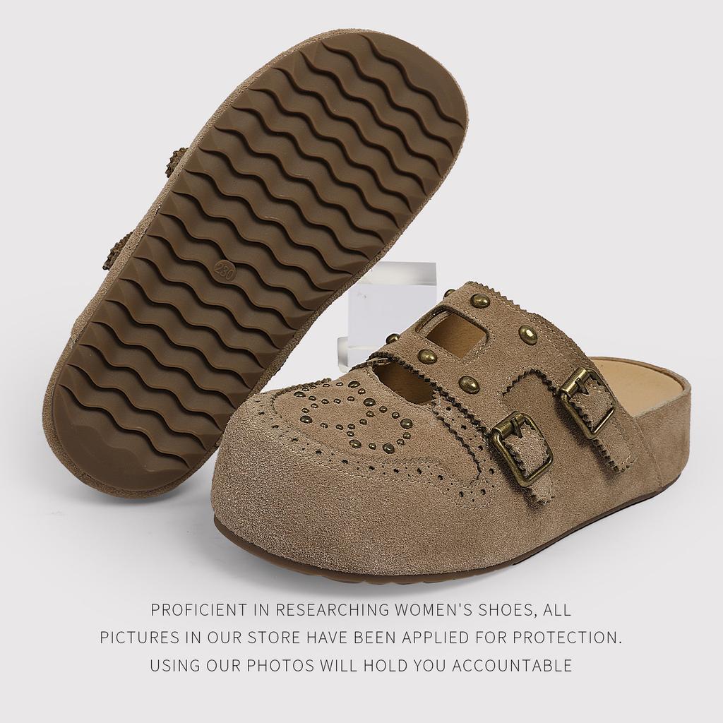 Spring Retro British Style Bag Head Slippers Women Wear A Pedal Buckle Flat Heel Half Slippers Wholesale
