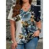 Summer V-neck Flower Pattern 3D Printed Top Fashionable Casual Short Sleeved Women's T-shirts