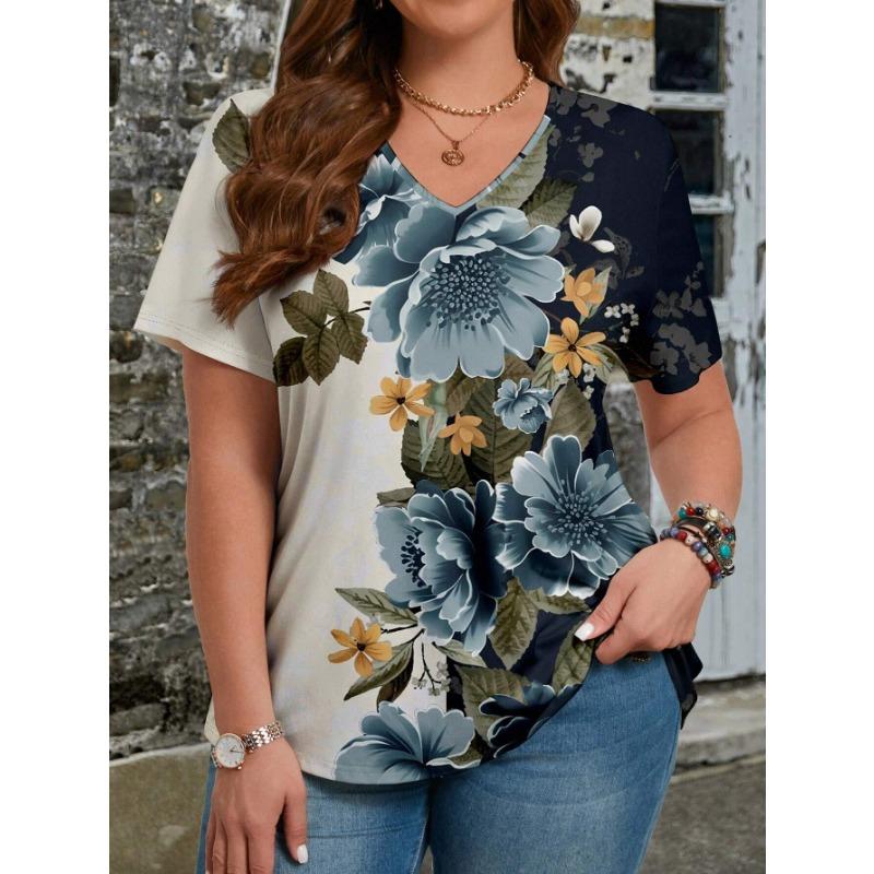 Summer V-neck Flower Pattern 3D Printed Top Fashionable Casual Short Sleeved Women's T-shirts
