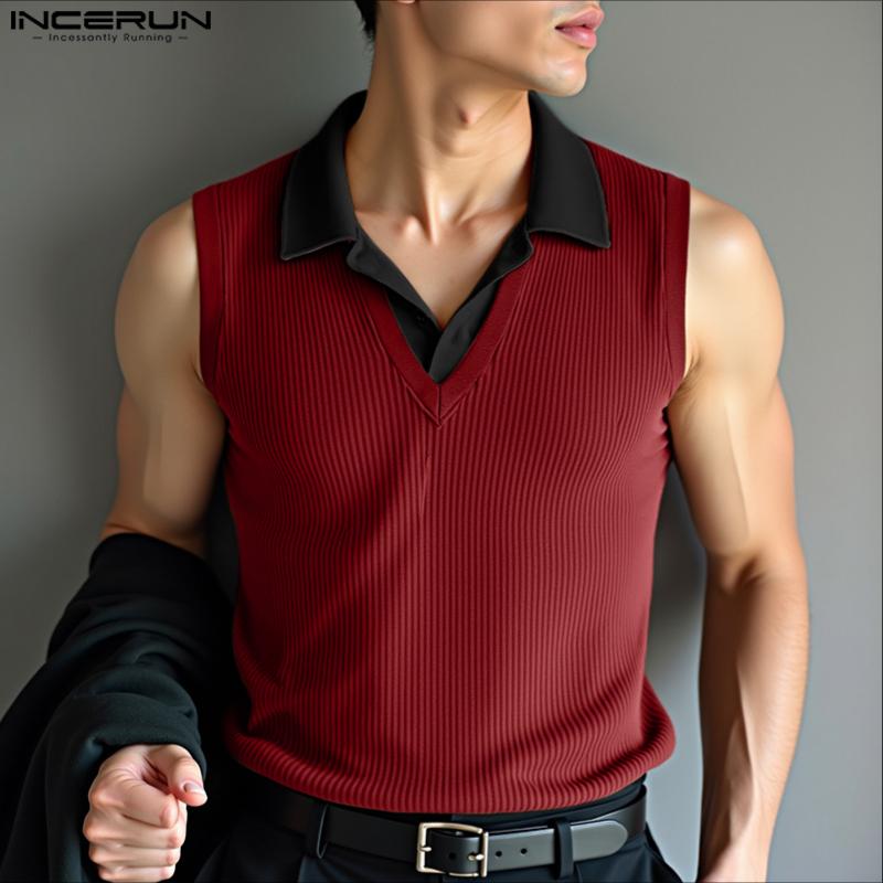 INCERUN Canotte a Costine Casual Larghe da Uomo con Risvolto Scollo a V Senza Maniche Cuciture