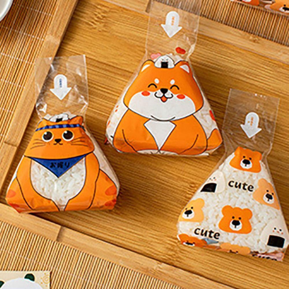 100 Stück Einweg Dreieck Reisbällchen Verpackungsbeutel Transparent Cartoon Muster Reisbällchen Hülle DIY Japanische Sushi Tasche Kinder