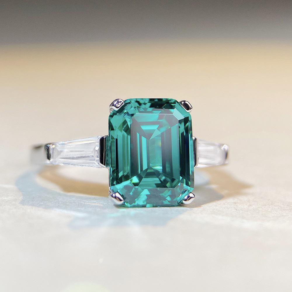 Jiu Mei Emerald Cut Zircon & High Carbon Diamond Ring In S925 Sterling Silver
