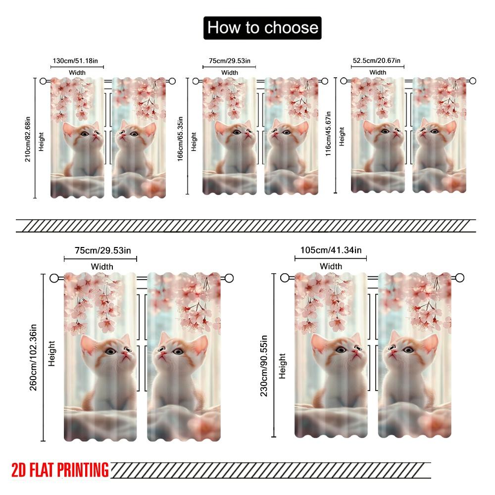 2pcs,2D Plane Printing Pattern Curtains Blossom Kittens Polyester Easy Install (without Rod) Versatile All Perfect for Bedroom,