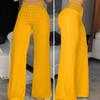 Women High Waist Long Pants Hollow Elastic Waistband Wide Leg Casual Trousers Solid Color Loose Fit Trousers