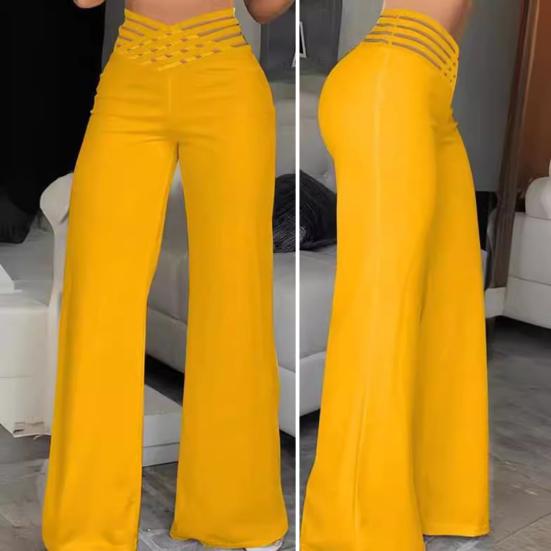 Women High Waist Long Pants Hollow Elastic Waistband Wide Leg Casual Trousers Solid Color Loose Fit Trousers