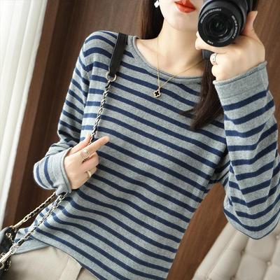 Damen Frühling und Herbst Baumwolle Gestreiftes Bottoming Shirt Rundhals Langarm Lose T-Shirt