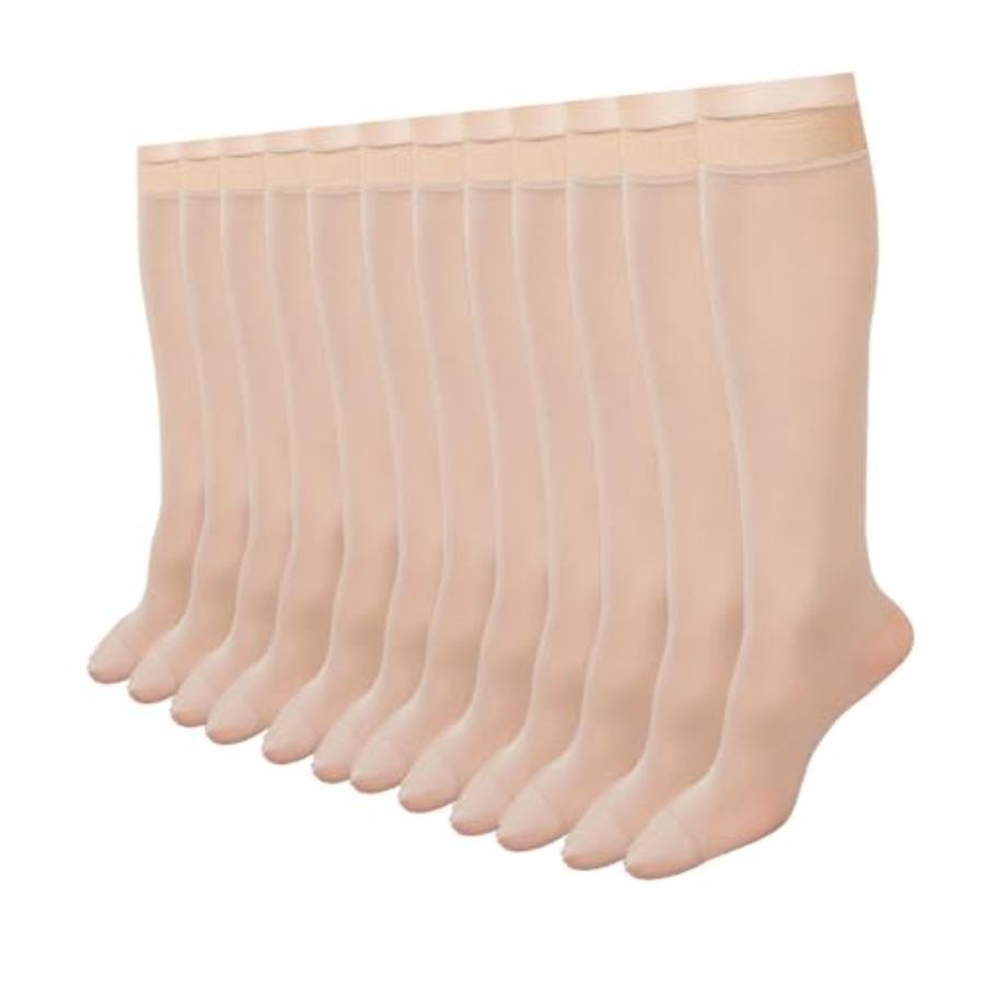 12 Paar Kniestrümpfe für Damen, 10D Nylon Feine durchsichtige Kniestrümpfe Elastische Feine durchsichtige Socken mit verstärkter Spitze beige