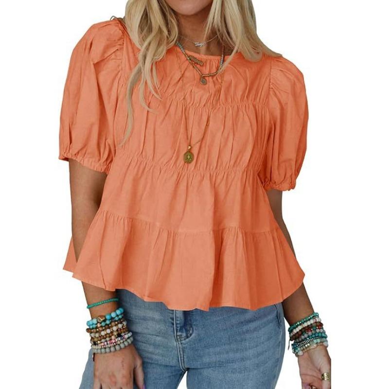 New Summer Puffed-sleeve Doll Shirt, Short-sleeved Loose and Casual A-line Pleated Stylish Top