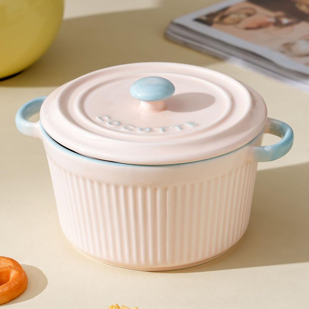 Tigela de Cerâmica para Cozinhar a Vapor com Tampa | Pote de Pudim Grande para Forno para Creme de Ovos, Sopa e Cozimento em Banho-Maria