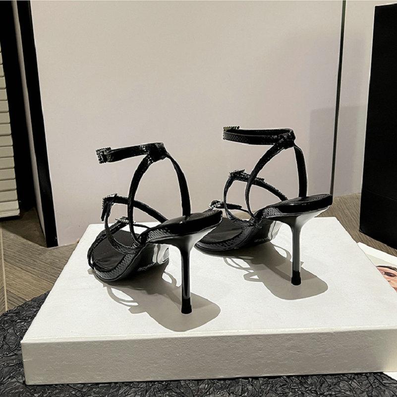 Fashion The 2025 New Black Sexy Rhinestone One-Line Buckle High Heels With Thin Heels And Roman Open-Toe Lace-Up Sandals For Women