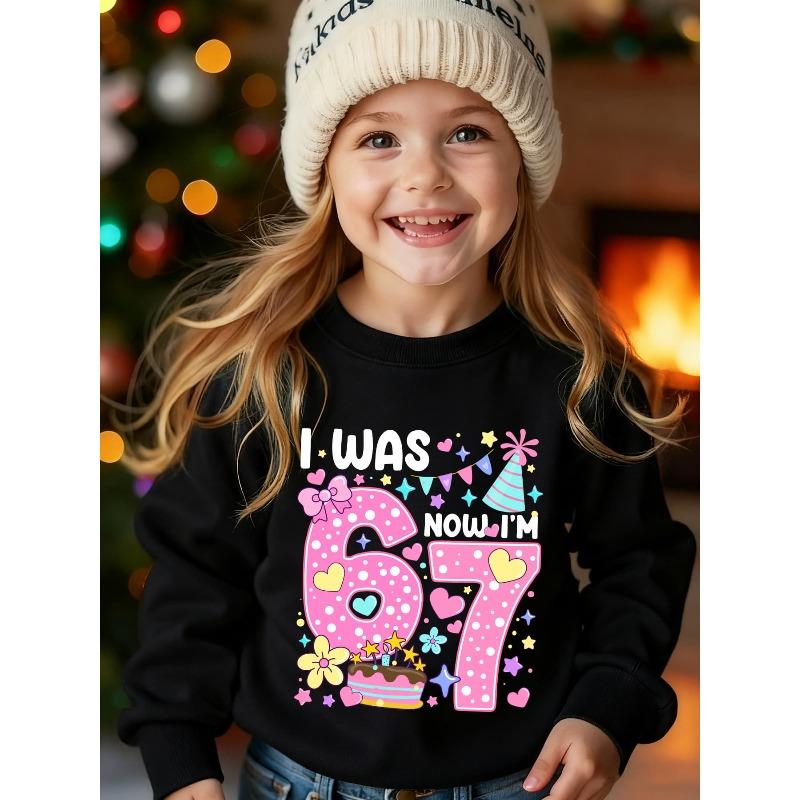 European sizes Number 67 Birthday Series" Kids' Fashion -Lined Crew Neck Sweatshirt "I WAS 6, NOW I'M 7" Cake Element Cartoon Print
