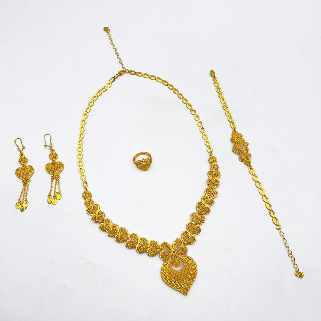 Dubai UAE Jewelry Copper Alloy Four-piece Set Middle Eastern Bride 24k Gold Plated Necklace Earrings Jewelry Set