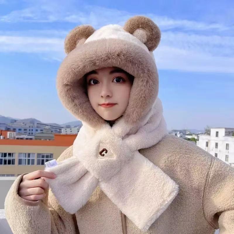 Plush hat scarf integrated women's autumn and winter cute warm ear protection scarf versatile fox ear hat