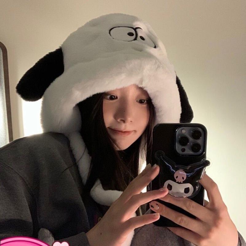 Winter cartoon plush hat cute puppy pullover hat funny warm cycling strap show face small ear protectors