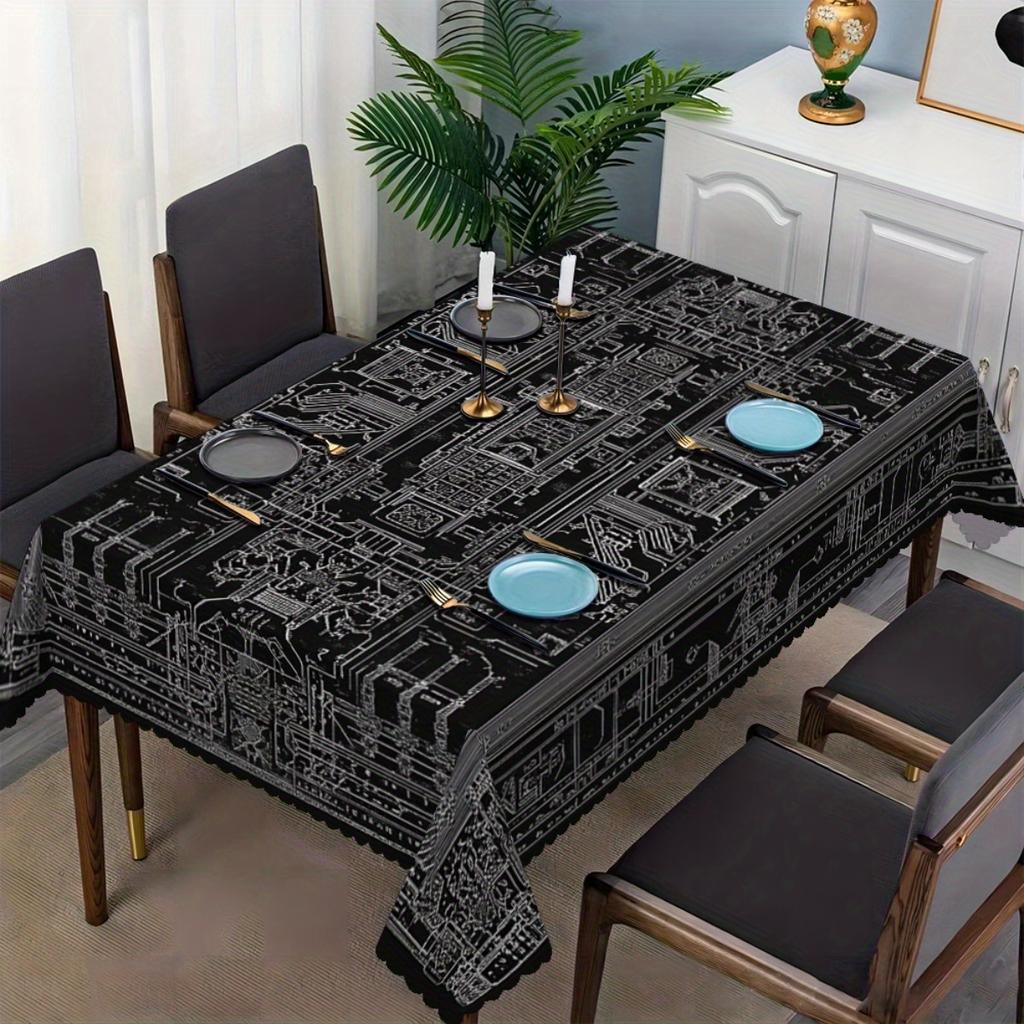 Vintage Mechanical Building Blueprint Black White Trendy Table Cover, Heat Resistant Stain Proof Cloth For Home Daily Dinner
