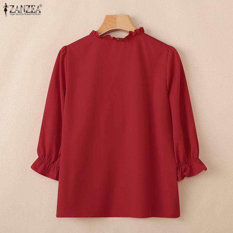 ZANZEA Damen Rüschen V-Ausschnitt Locker Lässig 3/4 Ärmel Bluse