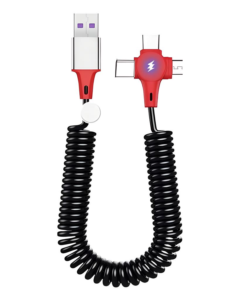 VAORLO 1.8M 5A Fast Charge Spring Cable 3 IN 1 Retractable Charging Cable For Micro USB-C Lighting Cable USB Charger For Electronic Equipment