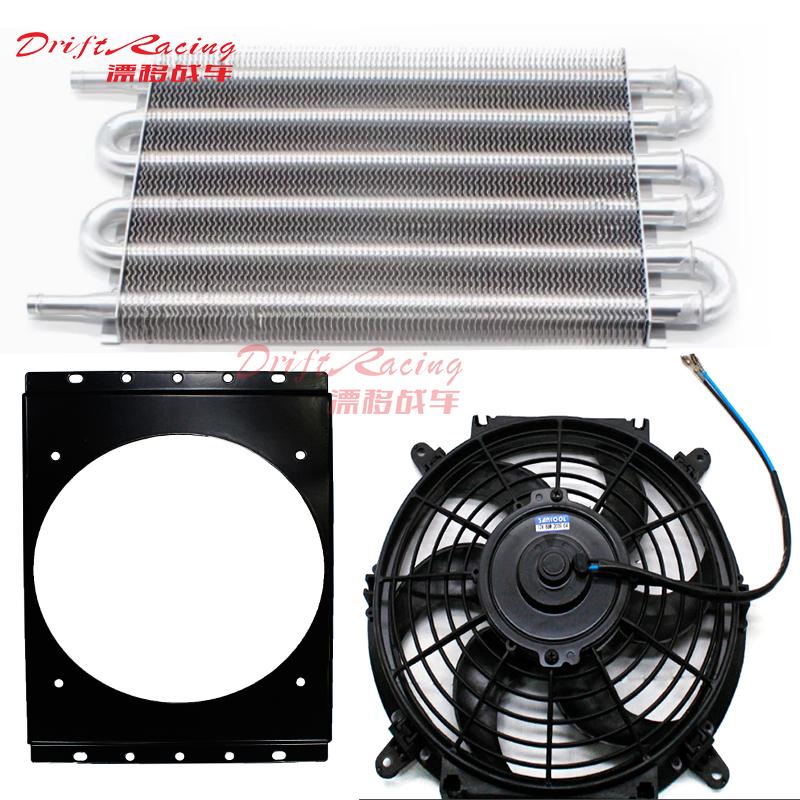 1SET 6 Row Universal Aluminum Transmission Oil Cooler +8inch fan+radiator aluminum shroud kit Auto Manual Radiator Converter