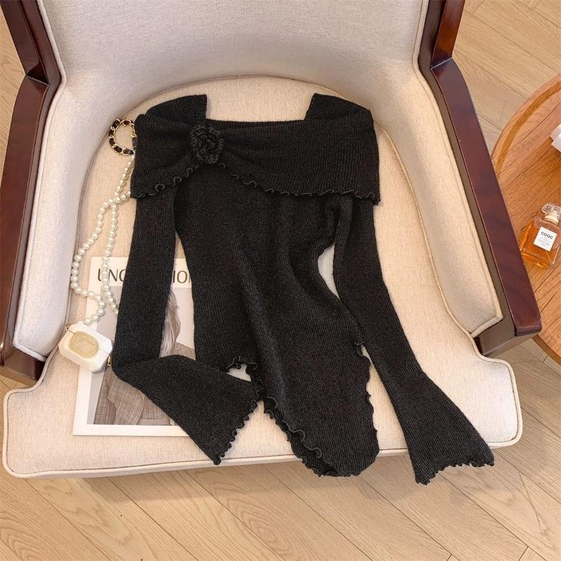 Sweet 3D Floral Off Shoulder Knit Sweater Women Winter Elegant Lace Trim Tops