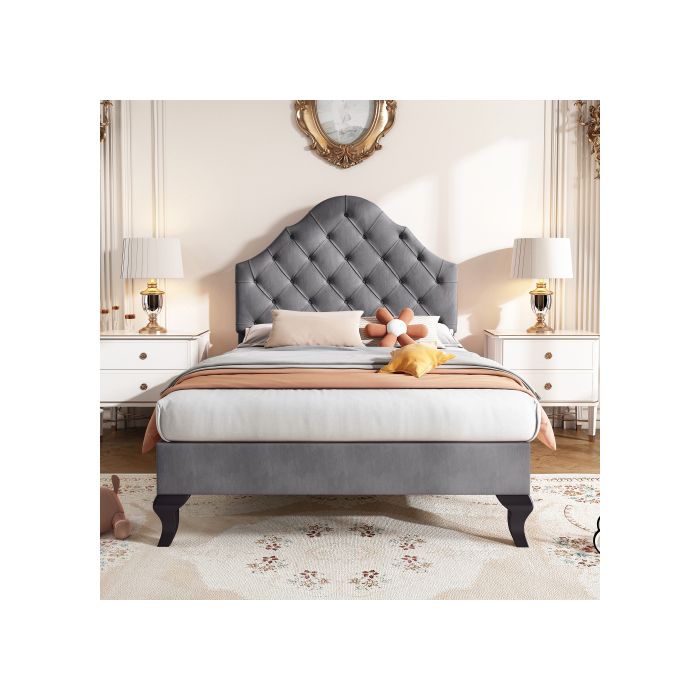 Čalouněná postel - MUVOE - 90x200 cm - Šedý samet - Nastavitelné čelo - Lamelový rošt